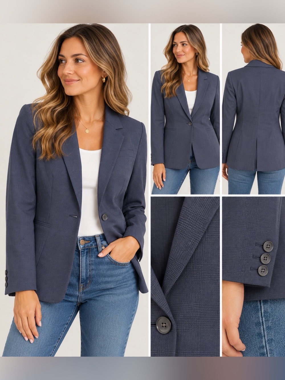 EUC Classiques Entier Nordstrom Glen Plaid Stretch Wool Blazer Navy Size 12
